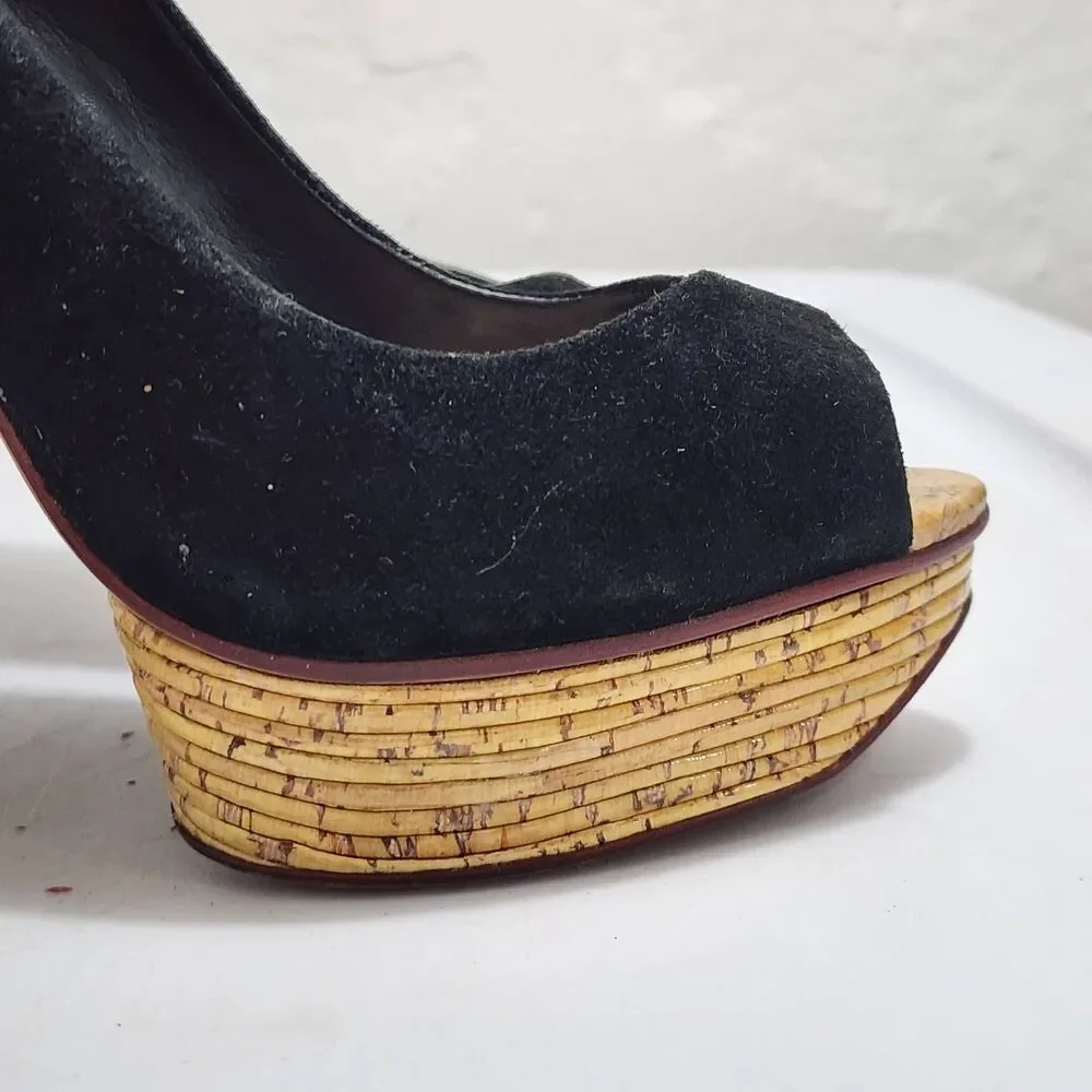 SCHUTZ Black Suede Peep Toe Platform Stiletto Heels Cork Bamboo Texture Pumps 9B